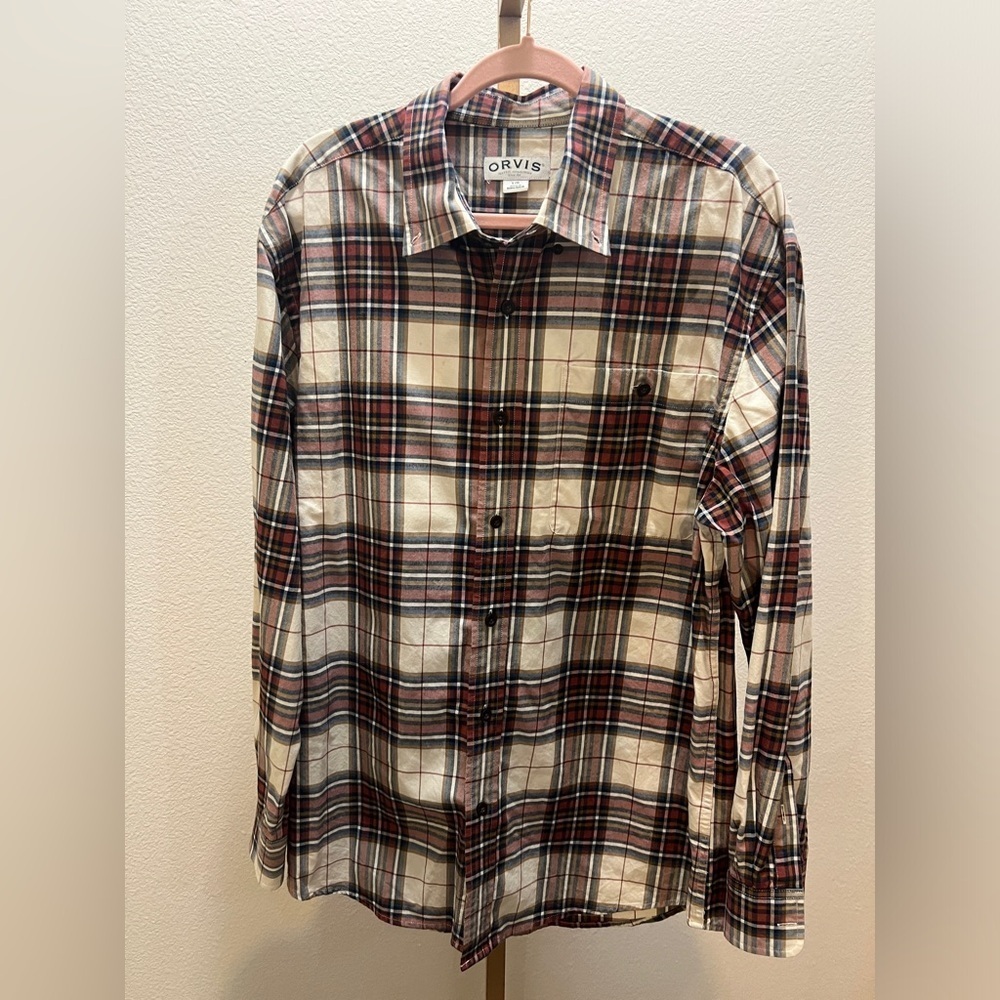 Orvis Casual Buttoned Down Shirt Cream Red Blue Plaid Size L